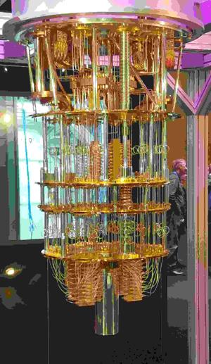 A quantum computer in a room: it is gold and chandelier shaped.